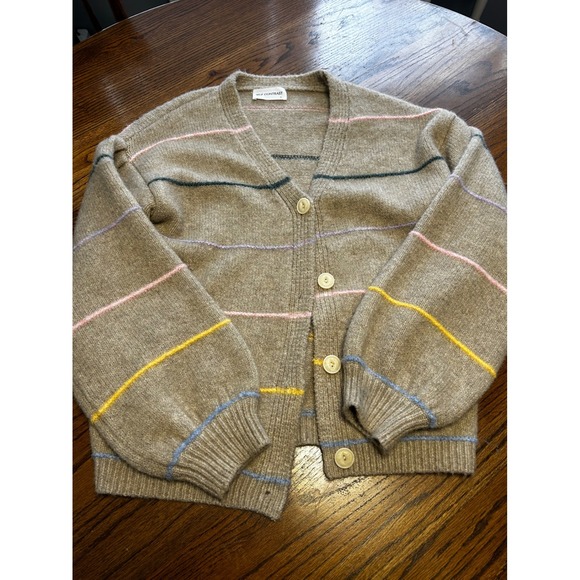 Self Contrast Sweaters - Self Contrast Striped V-Neck Cardigan Sweater Tan Multi Large Balloon Sleeve